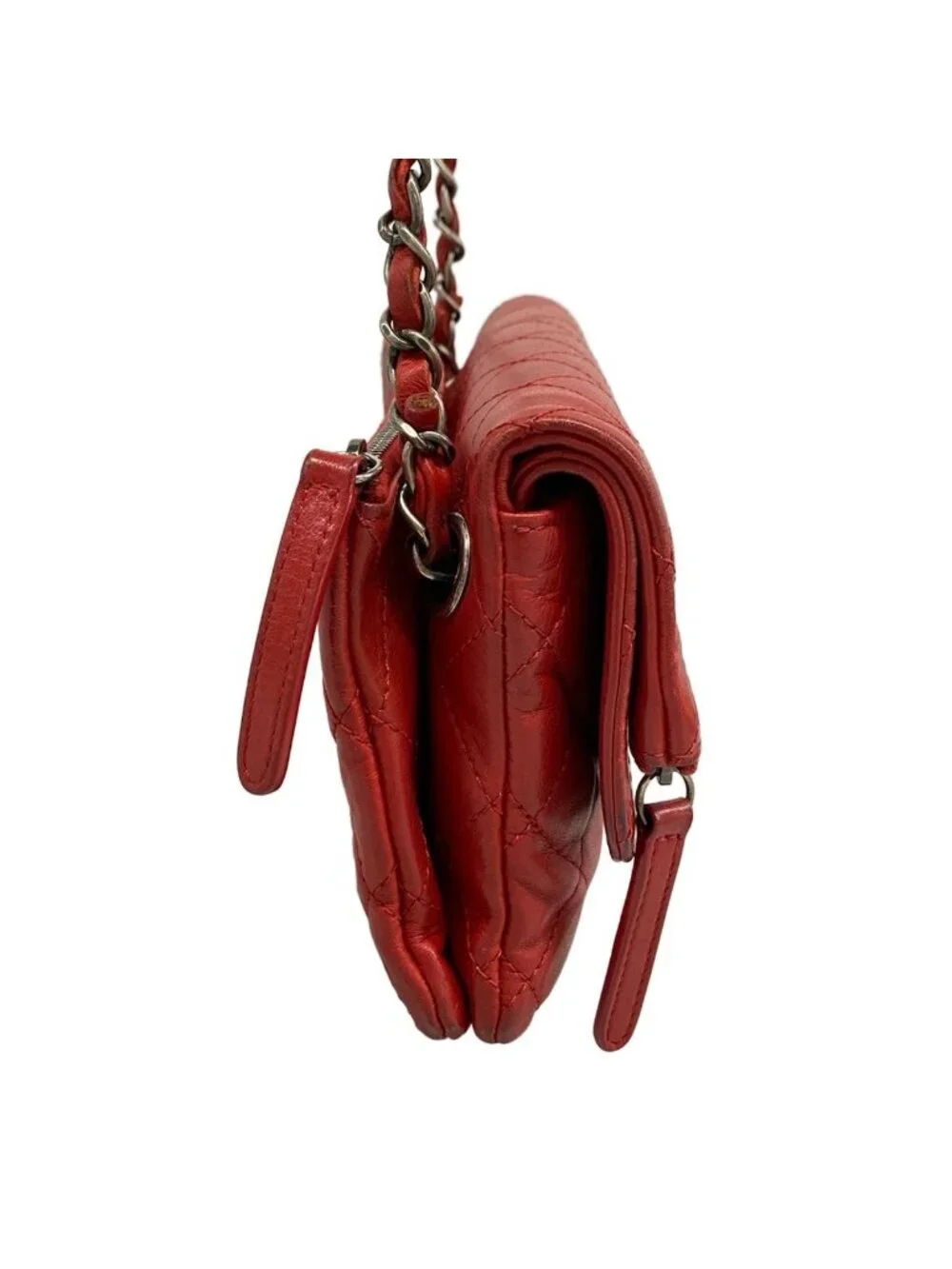 Chanel Shoulder Bag Quilted Red Silver Chain Lambskin